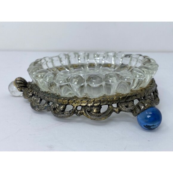 Vintage Glass Flower Ring Dish/Pin Dish/Ashtray Glass with metal base - Picture 2 of 7